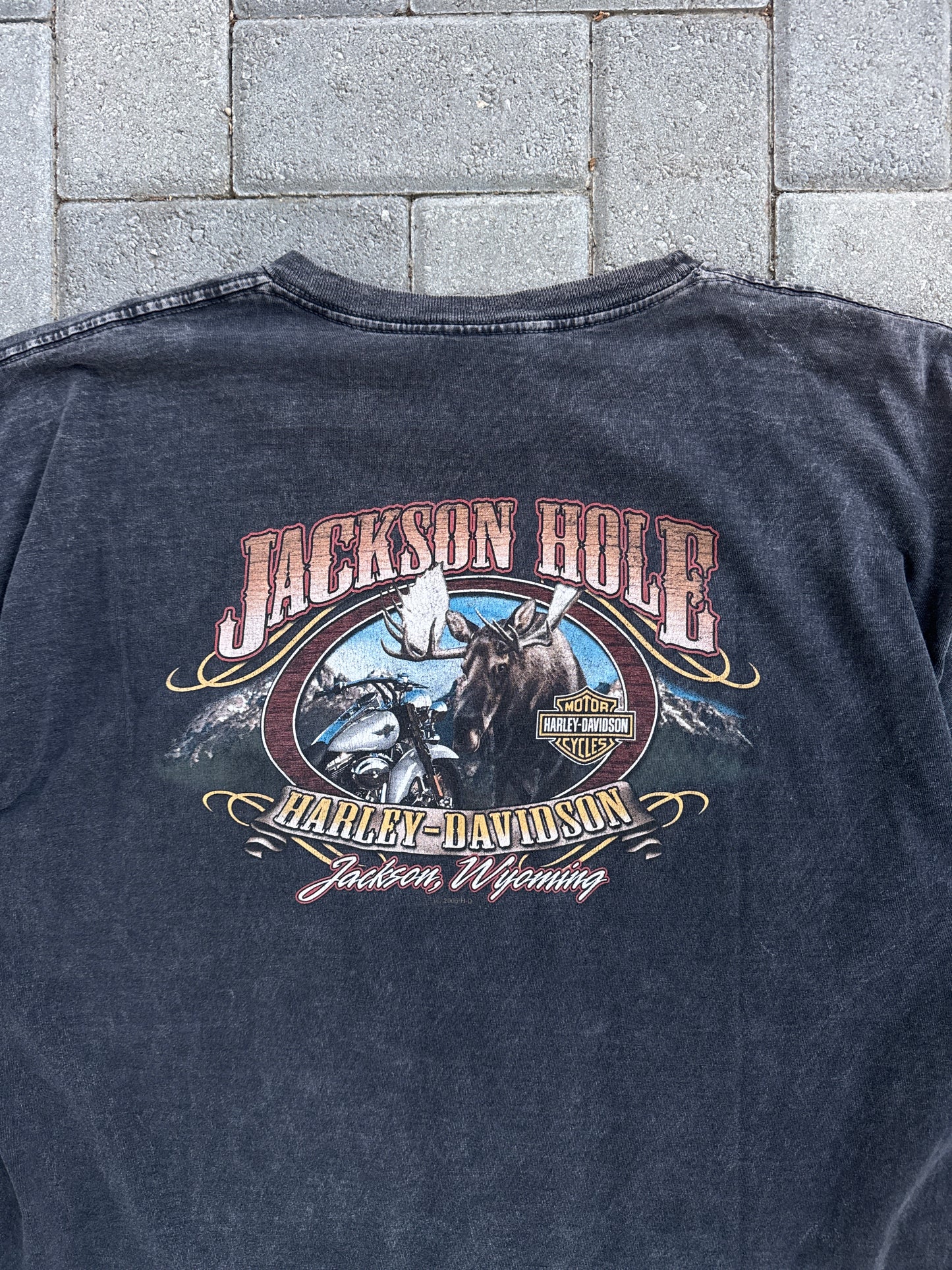 (XL) Charcoal Black Harley Davidson Pocket Tee - Jackson Wyoming