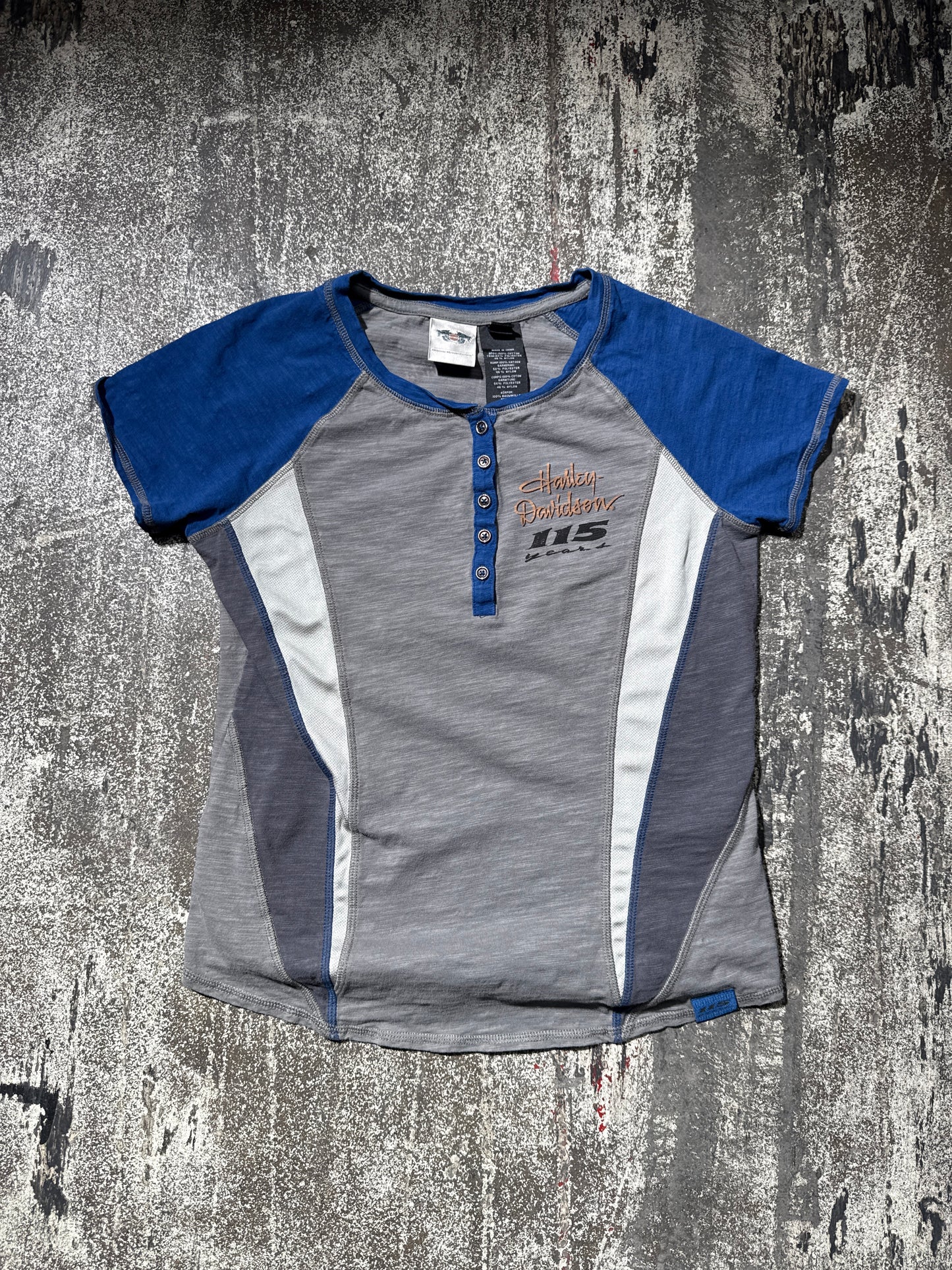 (M) Blue Harley Davidson 115 Years Anniversary Button Tee