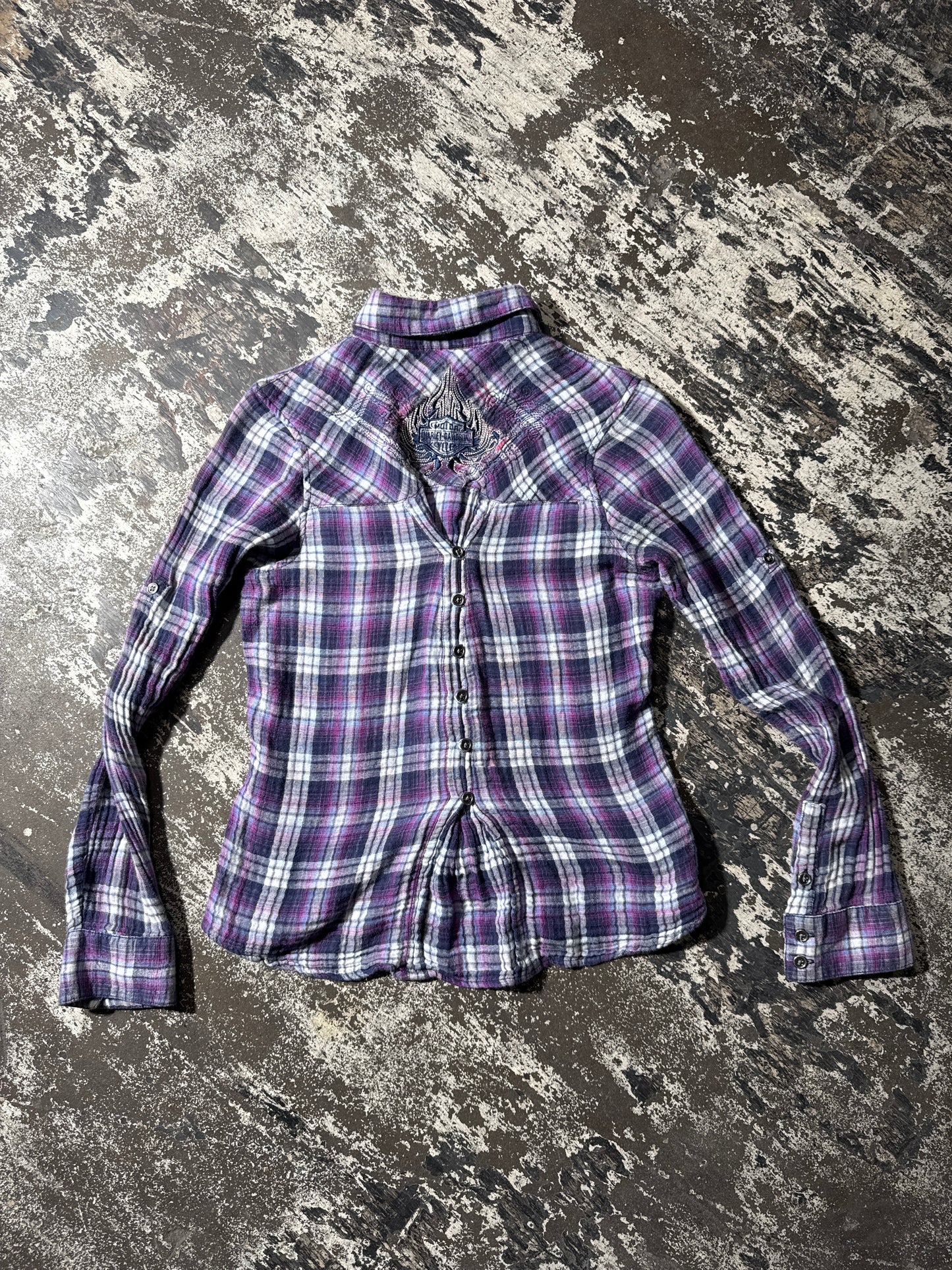 (S) Harley Davidson Purple Plaid Button Up