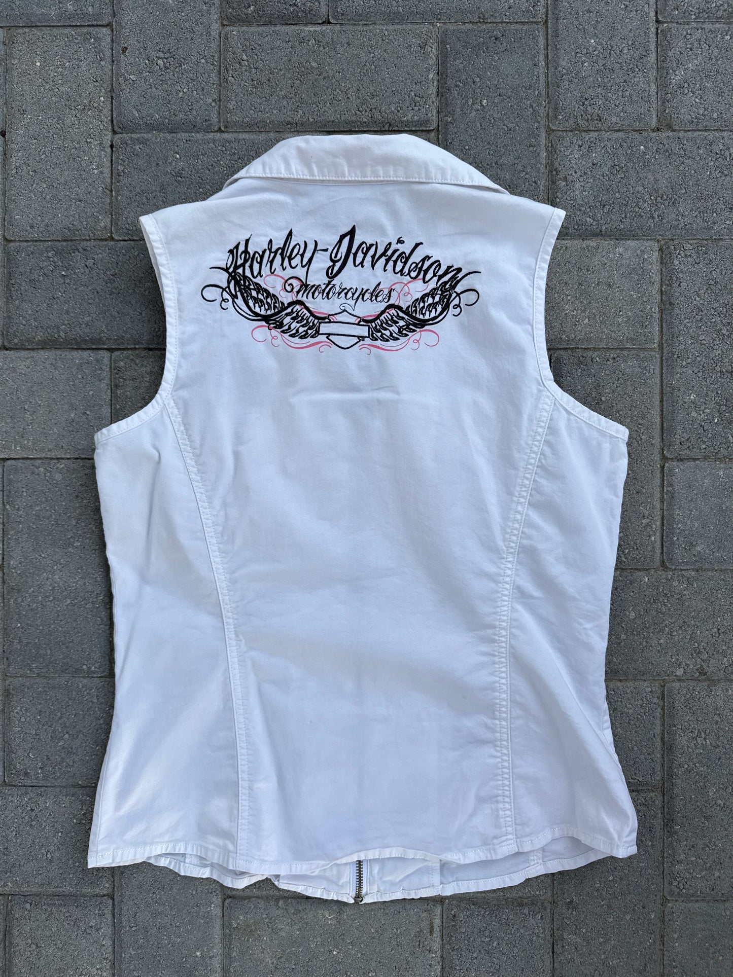 (L) White Women Harley Davidson Zip-Up Tank Top