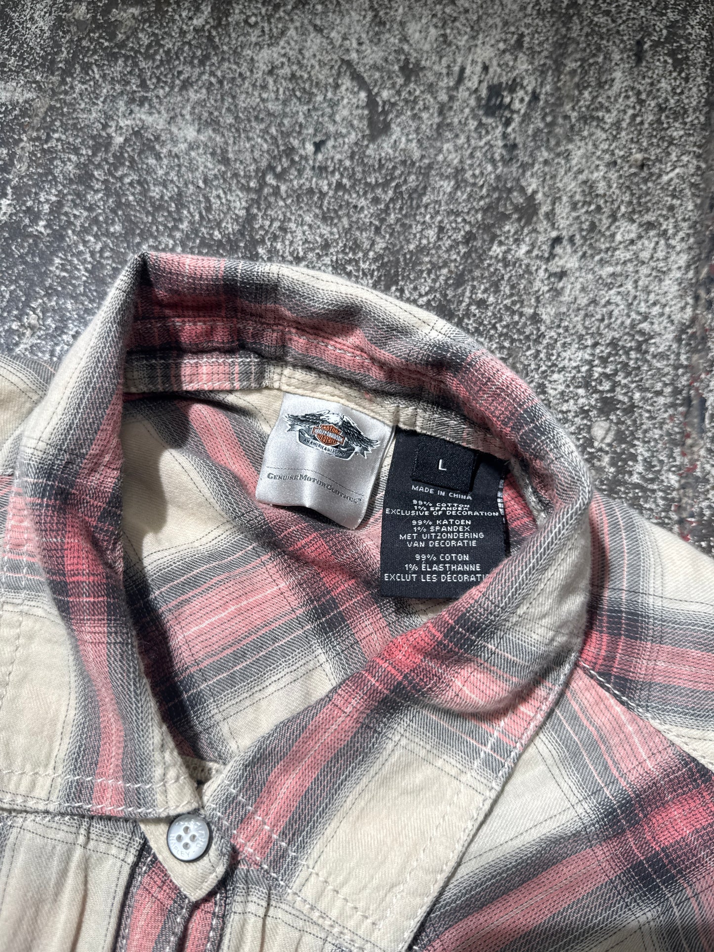 (L) Harley Davidson Pearl Plaid Button up Tee