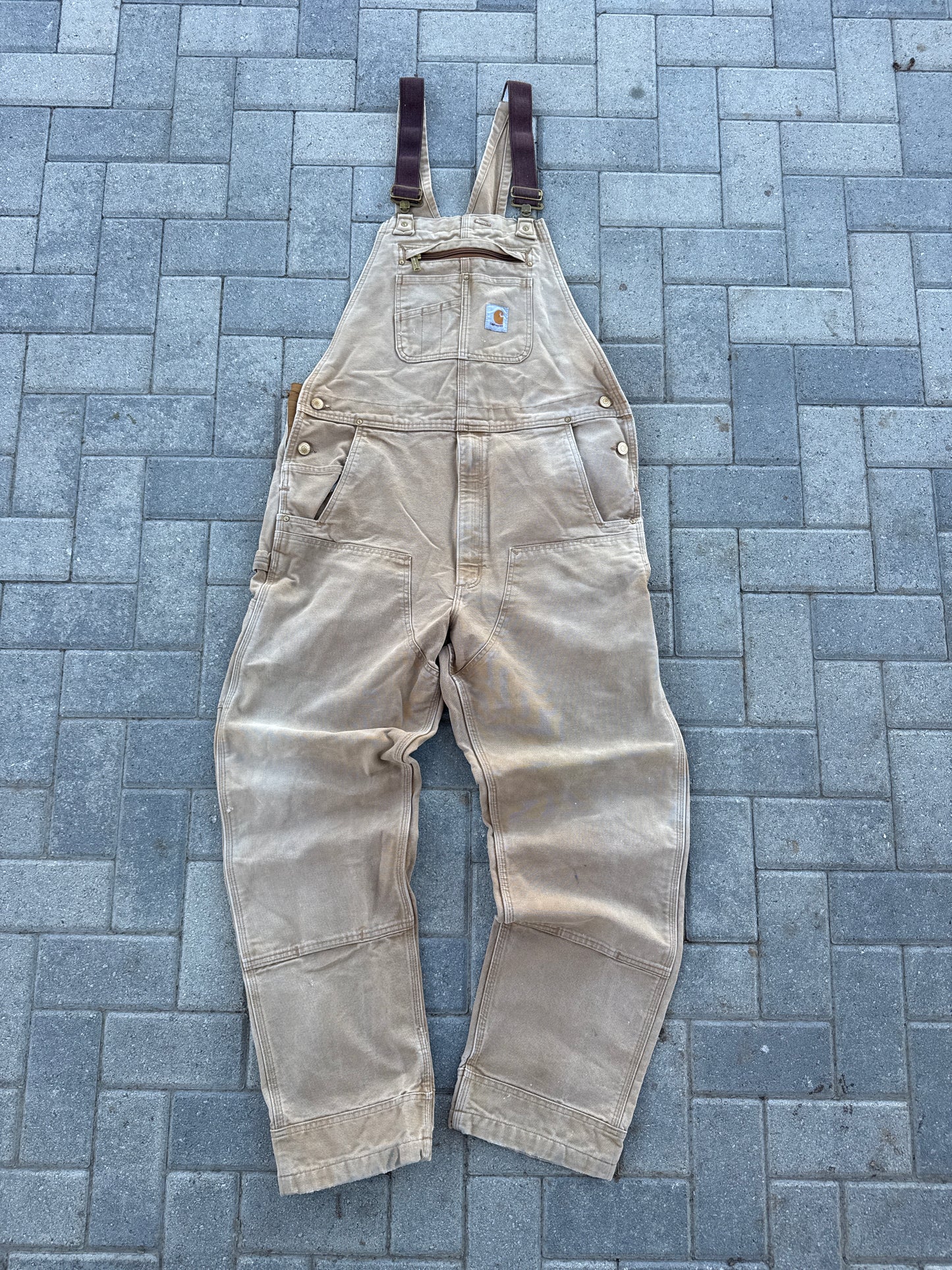 (40x34) Vintage Carhartt Rigby Cream Double-Knee Overalls