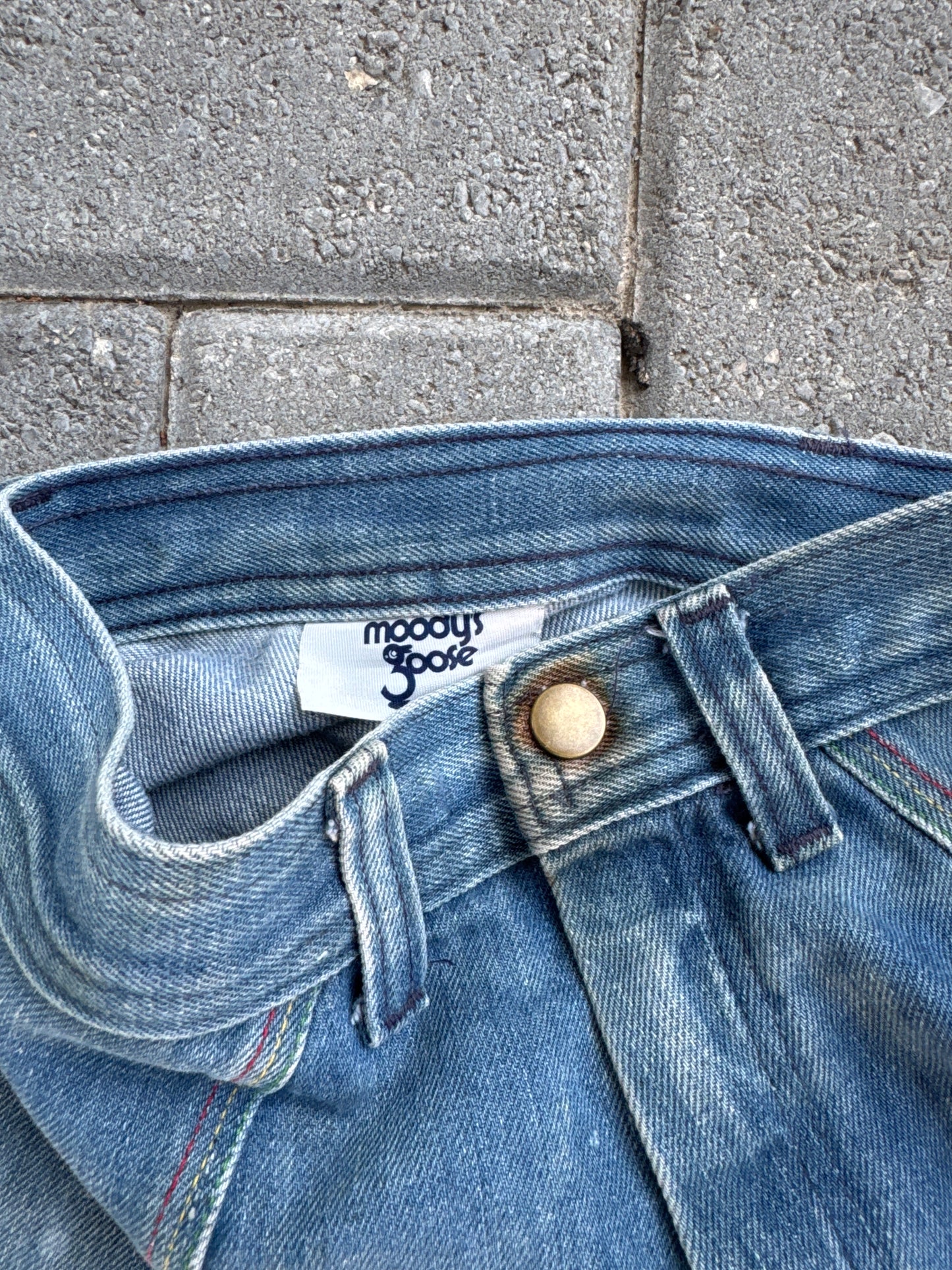 (25x30) Vintage Moody Goose Acid Wash Sheer Denim Flared Pants