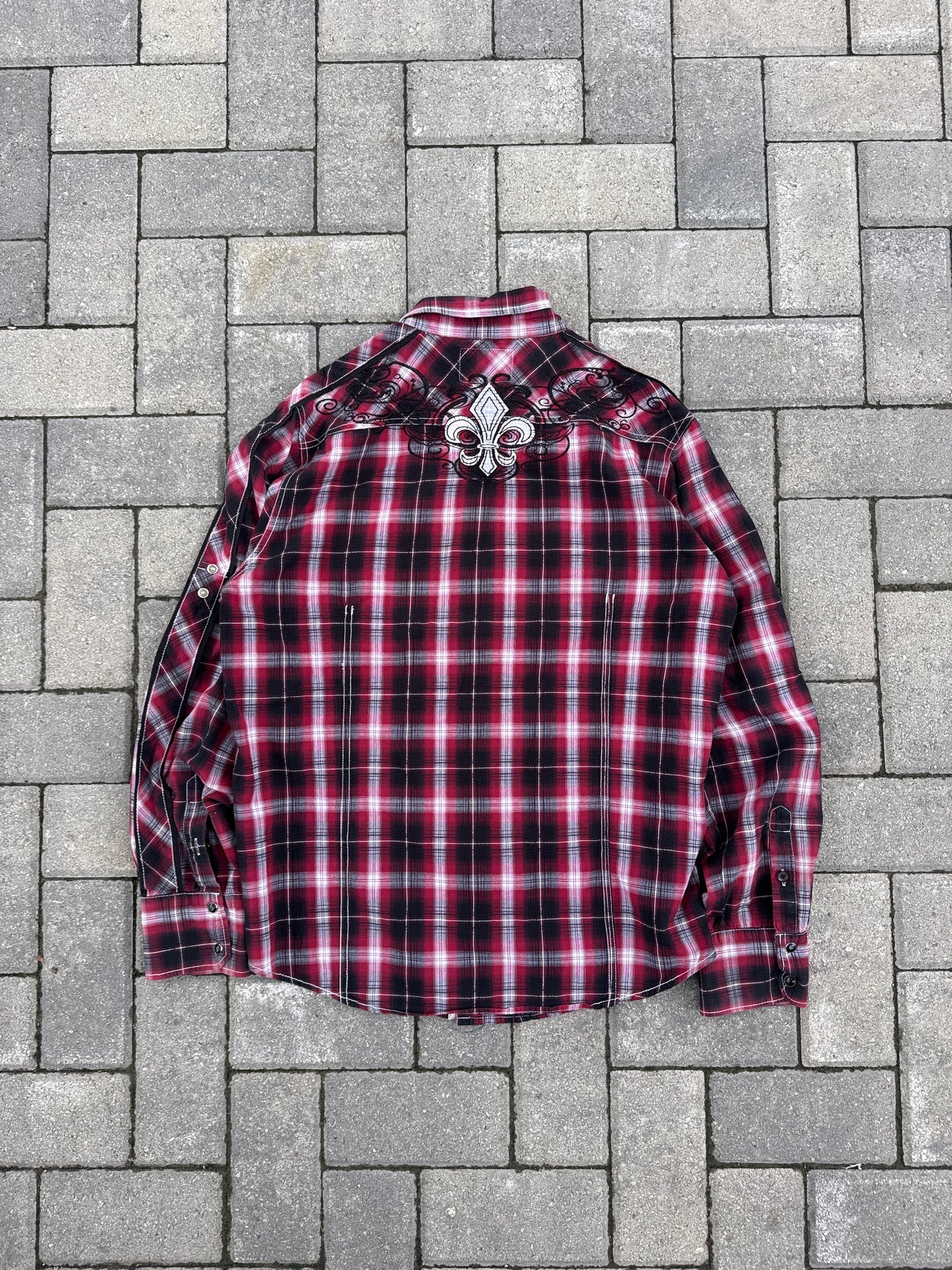 (XL) Pop Icon Fleur-de-lis Embroidered Plaid Gray Y2K Snap-Up Shirt