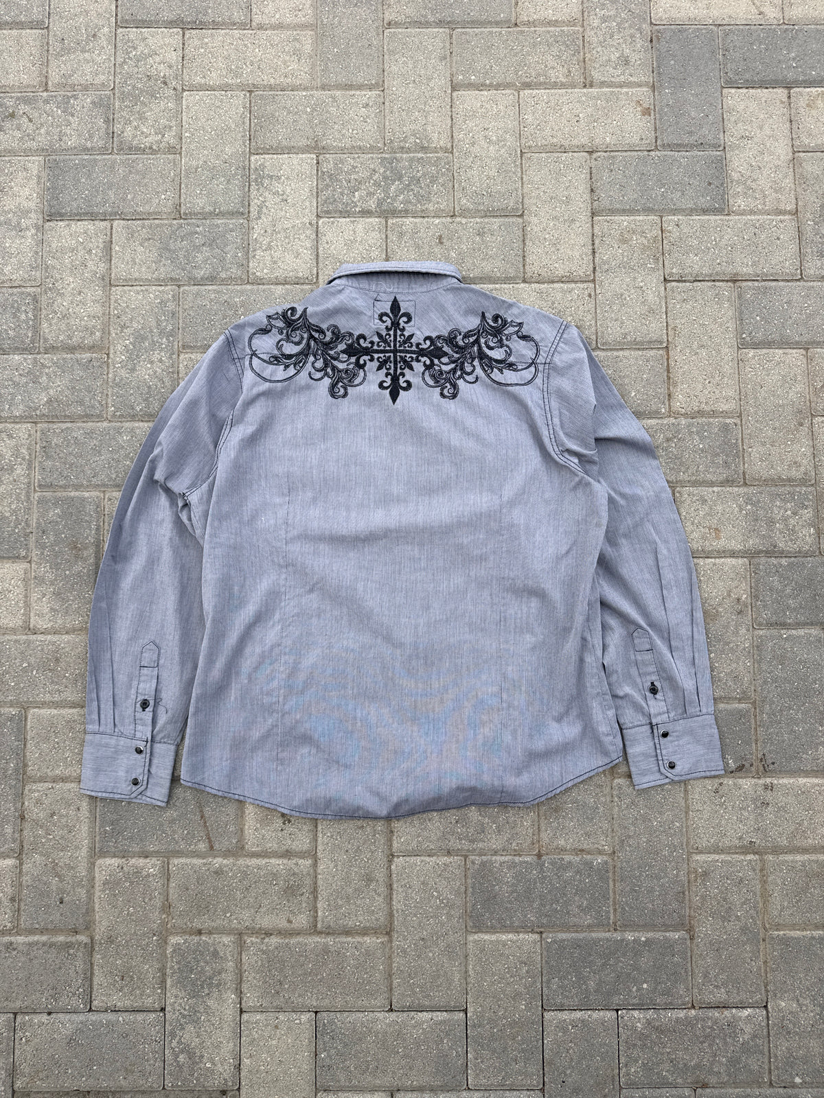(2XL) Y2K Pop Icon Clothing Gray Pearl Snap Long-sleeve Shirt