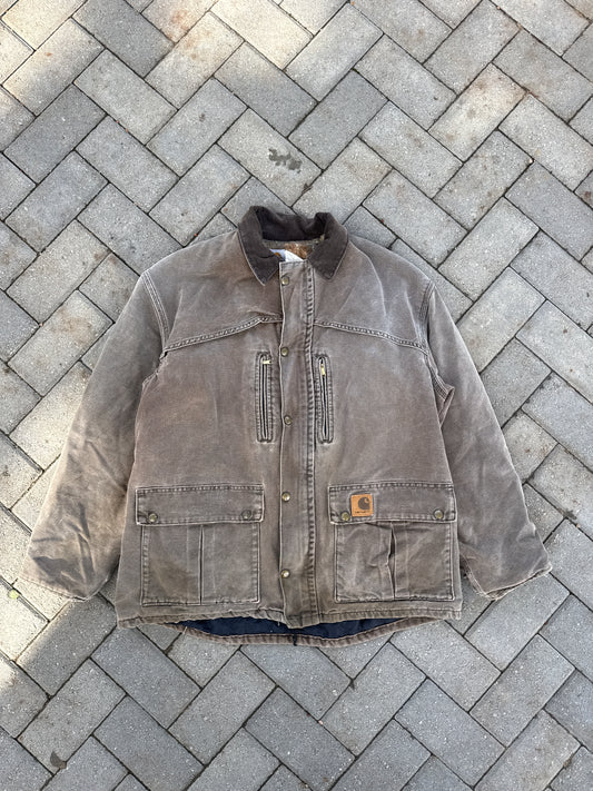 (L) Vintage Sun Faded Carhartt Canvas Flannel Lined Chore Brown Jacket