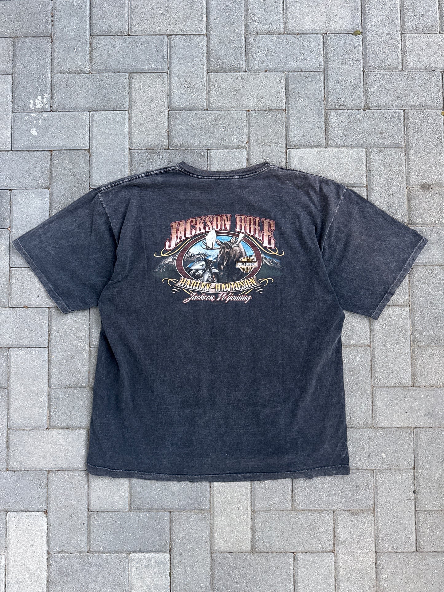 (XL) Charcoal Black Harley Davidson Pocket Tee - Jackson Wyoming