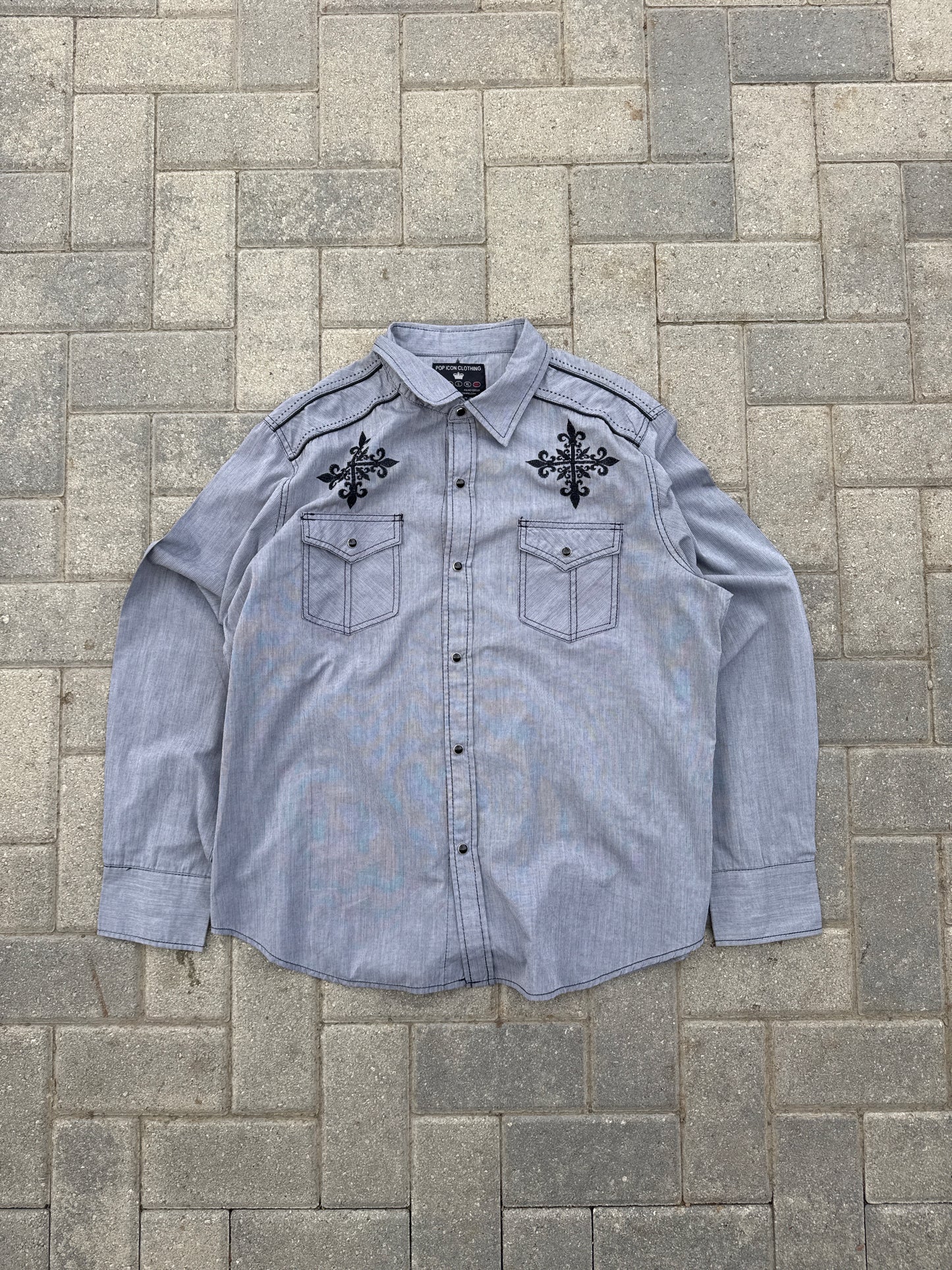 (2XL) Y2K Pop Icon Clothing Gray Pearl Snap Long-sleeve Shirt