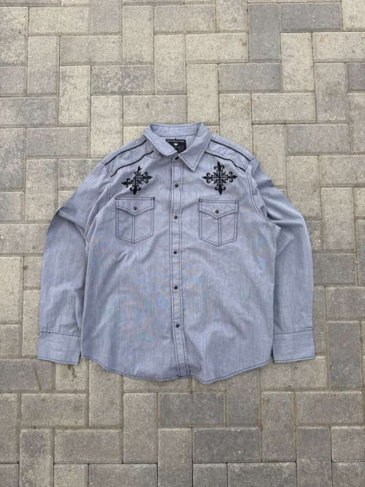 (2XL) Y2K Pop Icon Clothing Gray Pearl Snap Long-sleeve Shirt
