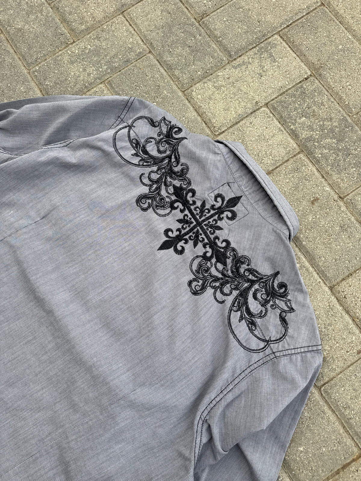 (2XL) Y2K Pop Icon Clothing Gray Pearl Snap Long-sleeve Shirt