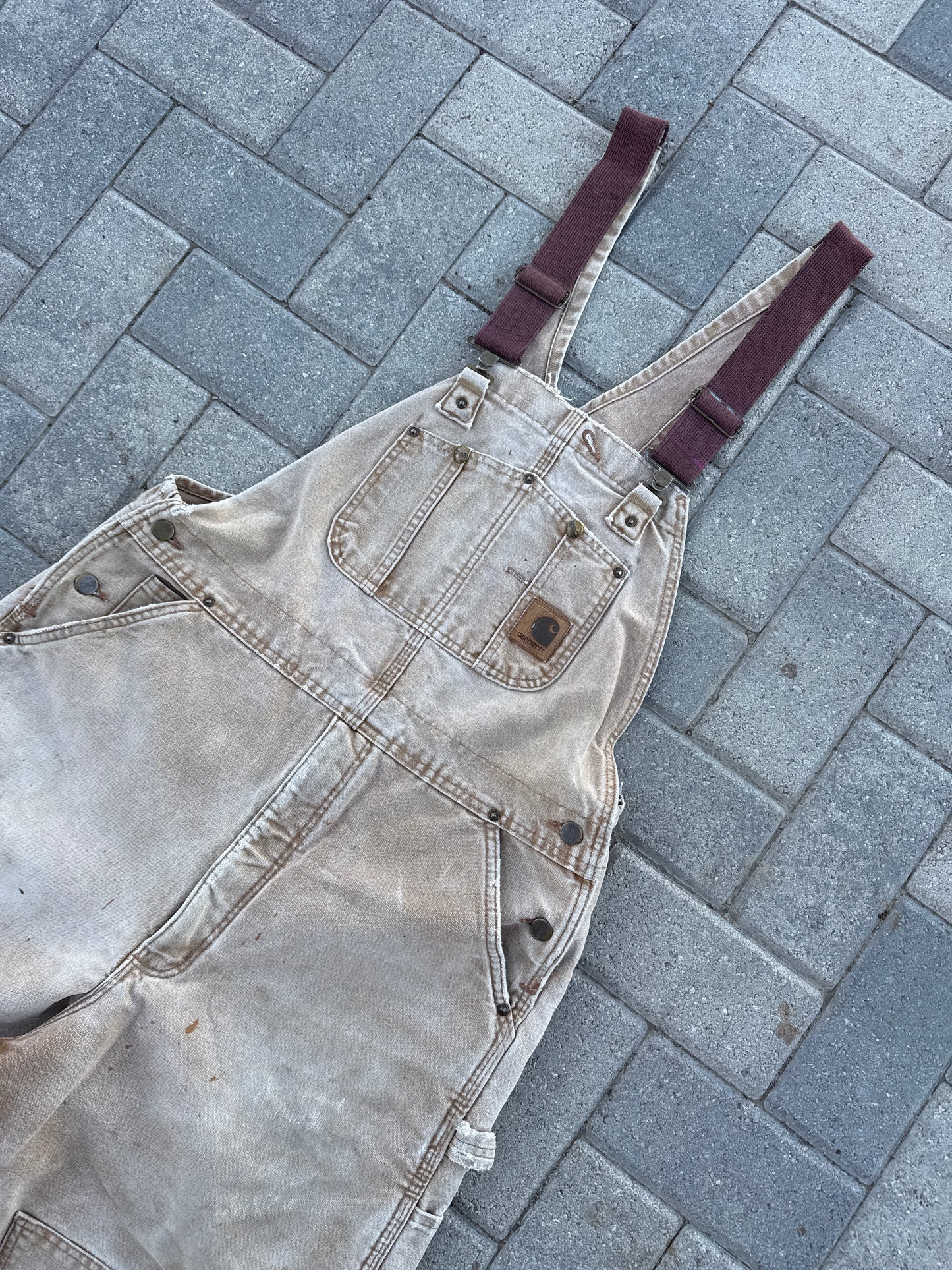 (38x32) Vintage Carhartt R01 Cream Double-Knee Insulated Overalls