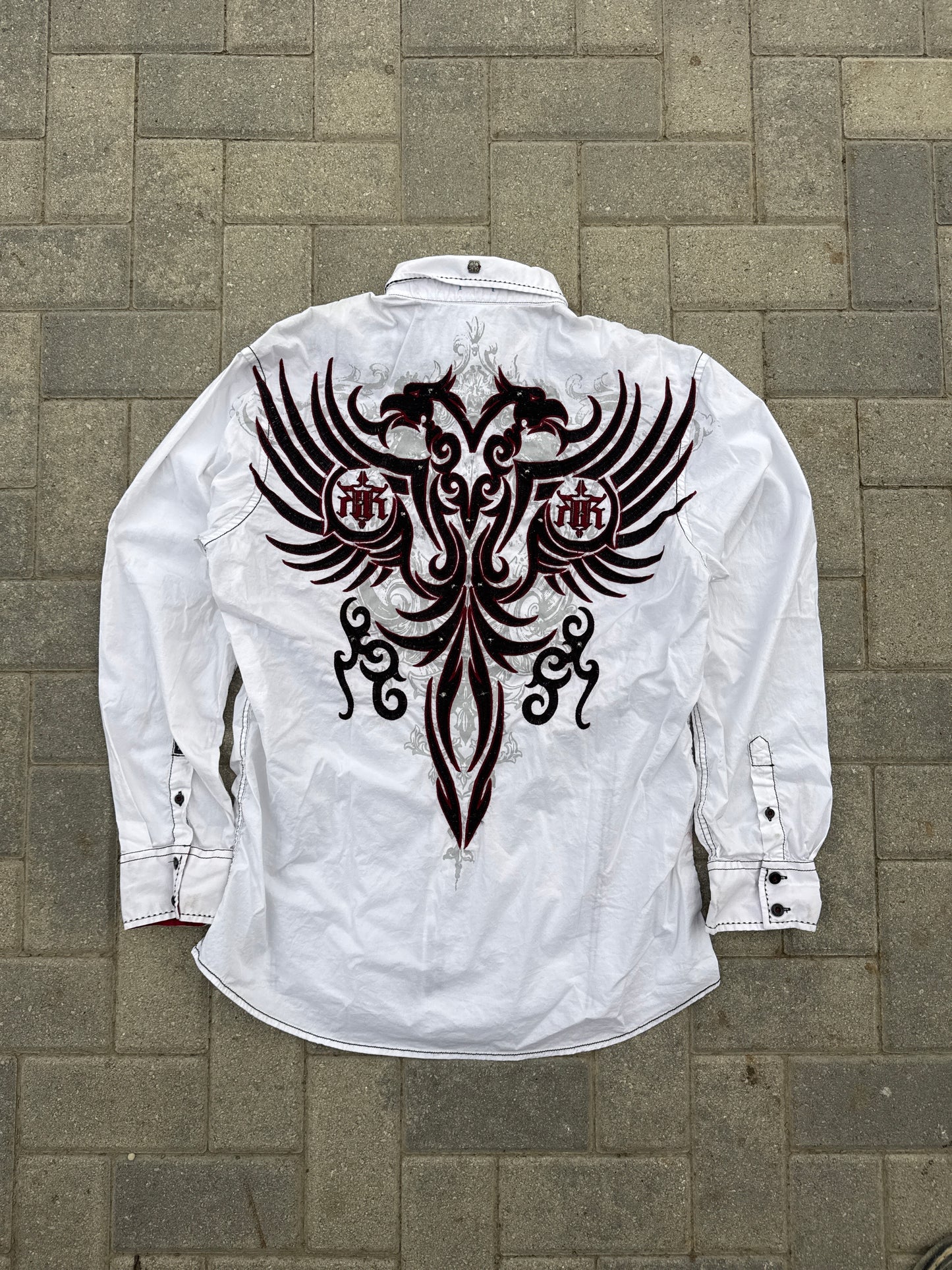 (XL) Y2K Roar Tribal Embroidery Velvet Button-Up Long-Sleeve Shirt