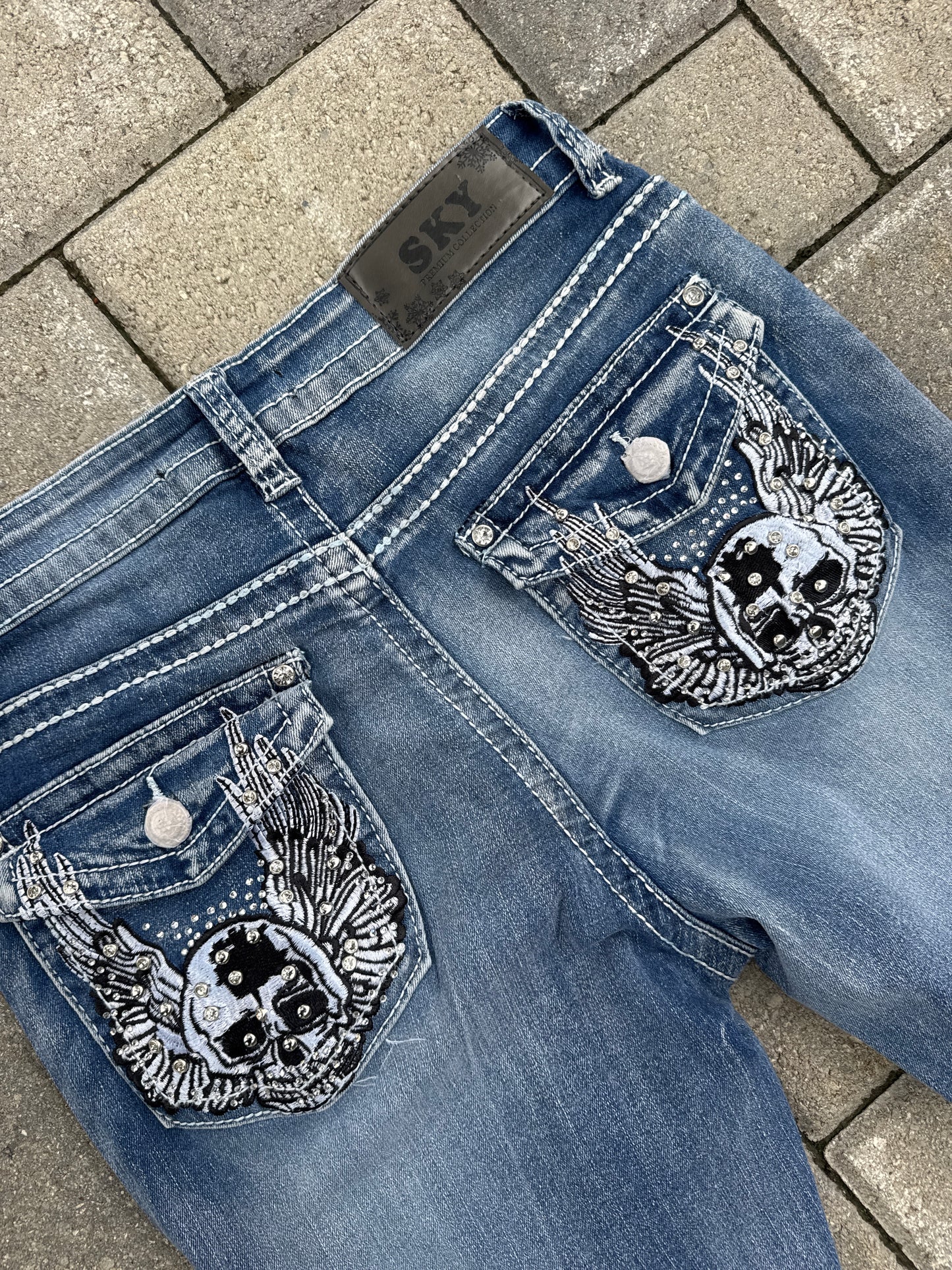 (26x30) Sky Skull Pocket Western Denim Pants