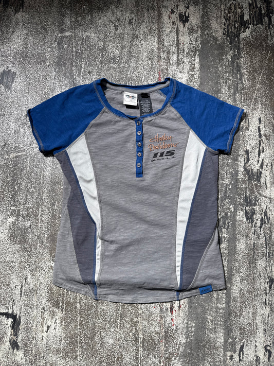 (M) Blue Harley Davidson 115 Years Anniversary Button Tee