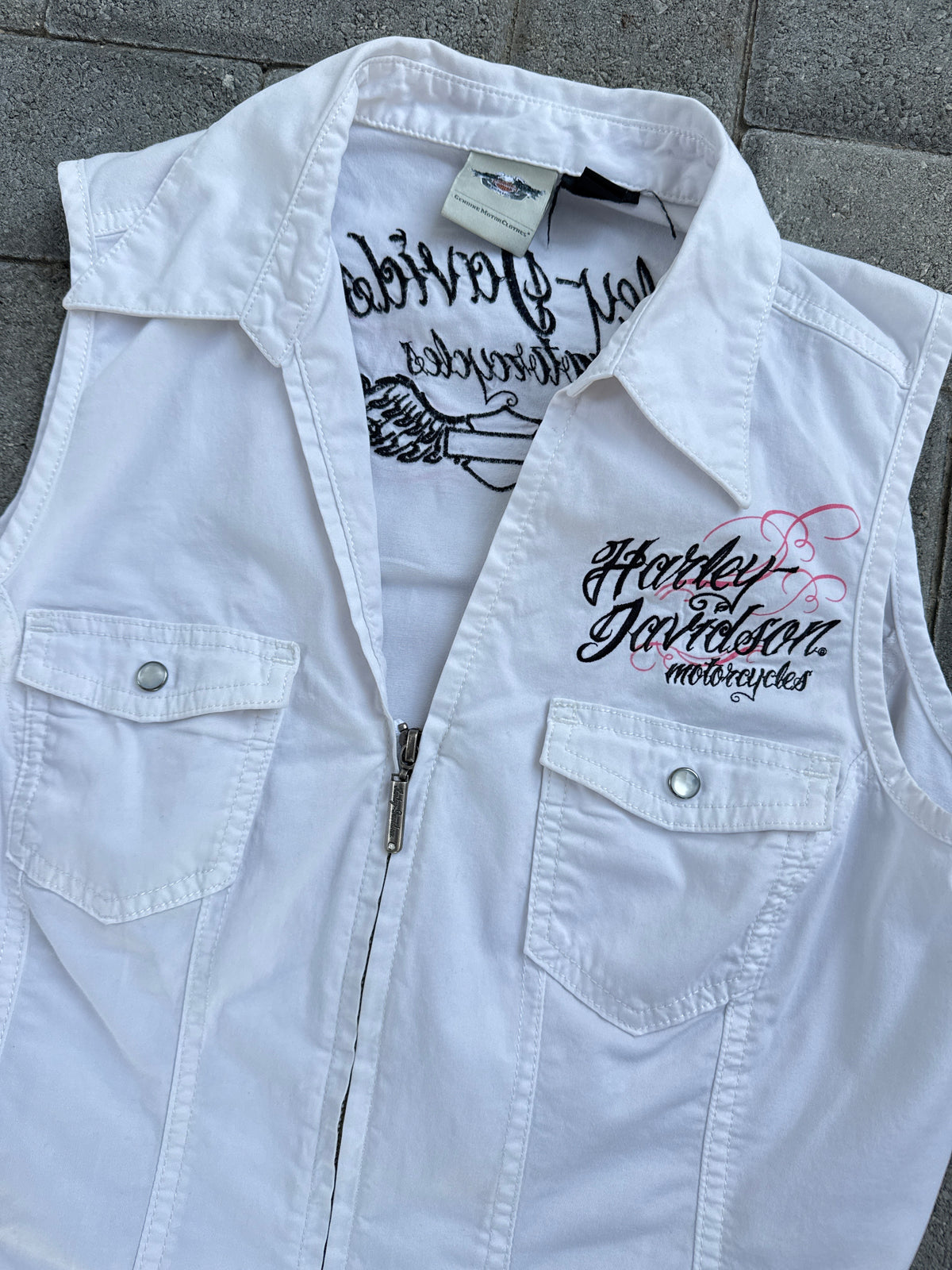 (L) White Women Harley Davidson Zip-Up Tank Top