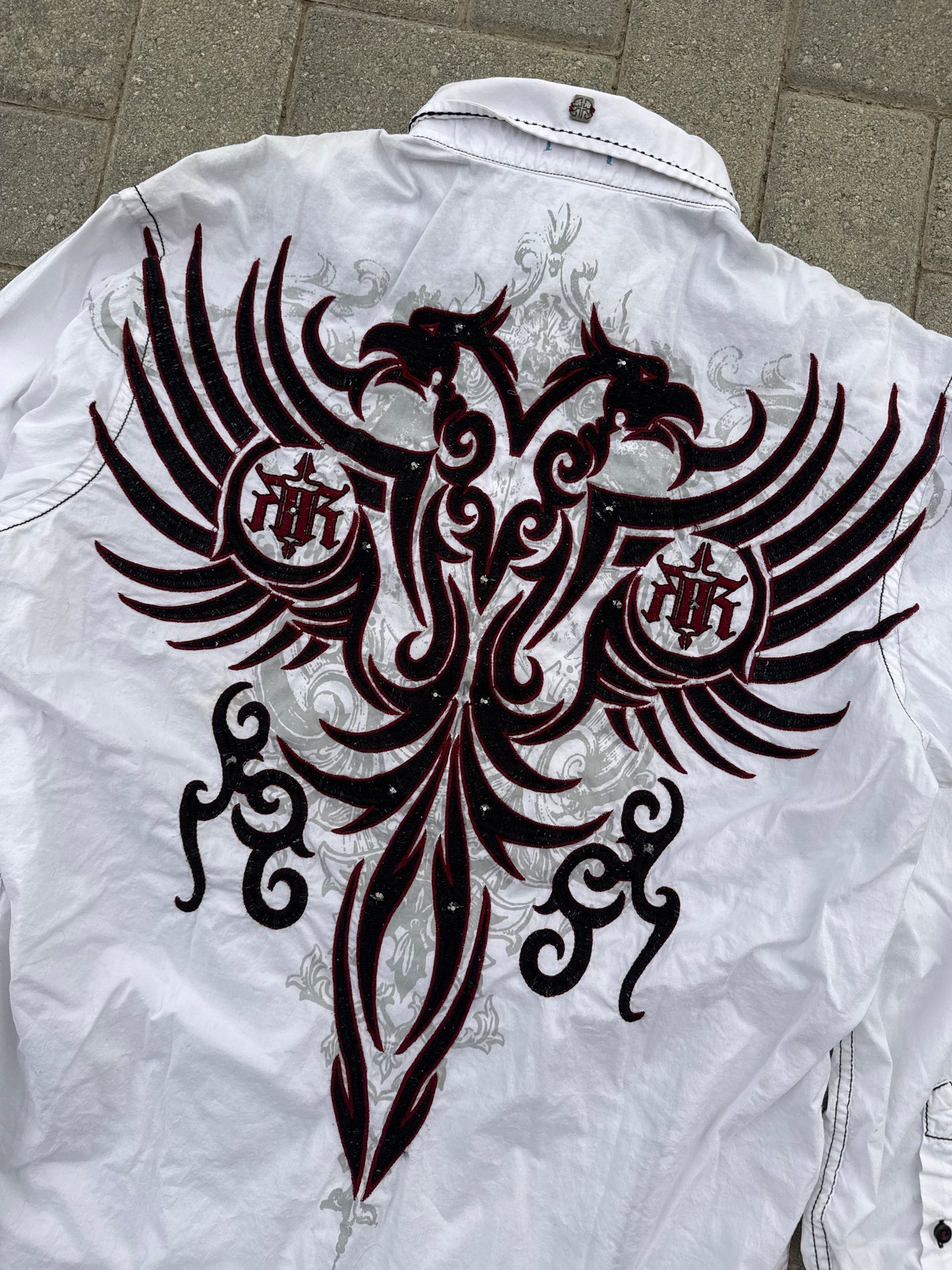 (XL) Y2K Roar Tribal Embroidery Velvet Button-Up Long-Sleeve Shirt
