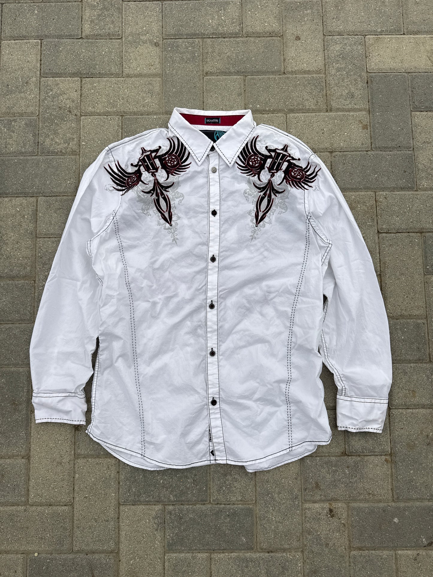 (XL) Y2K Roar Tribal Embroidery Velvet Button-Up Long-Sleeve Shirt