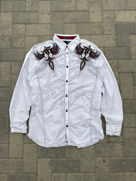 (XL) Y2K Roar Tribal Embroidery Velvet Button-Up Long-Sleeve Shirt