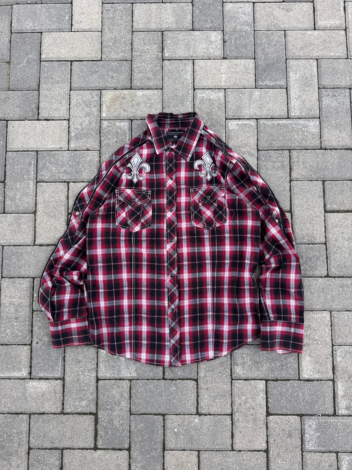(XL) Pop Icon Fleur-de-lis Embroidered Plaid Gray Y2K Snap-Up Shirt