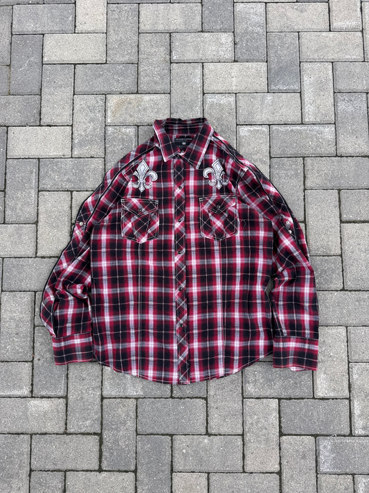 (XL) Pop Icon Fleur-de-lis Embroidered Plaid Gray Y2K Snap-Up Shirt