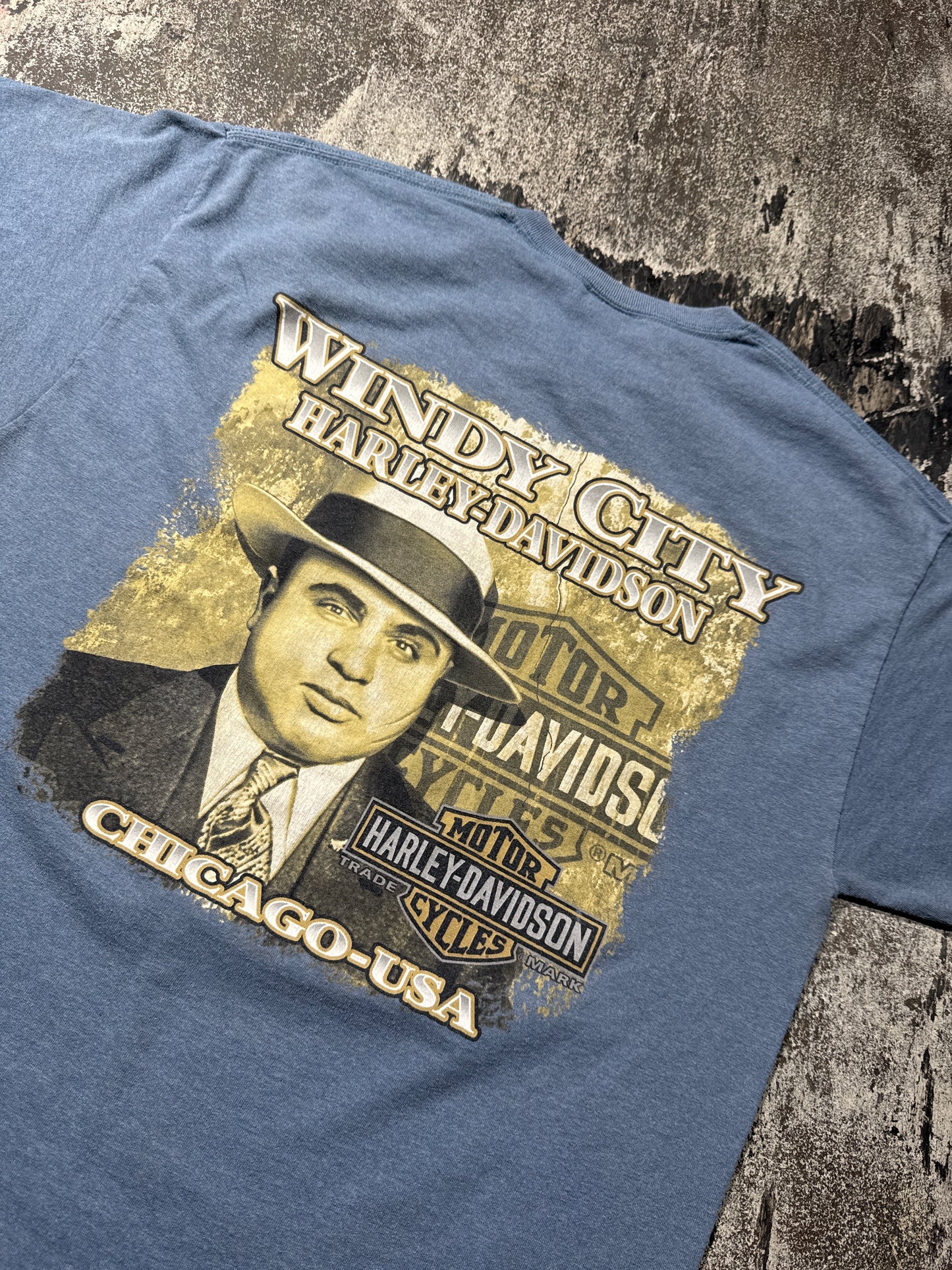 (L) Baby Blue Harley Davidson “Chicago-USA” Mafia Tee