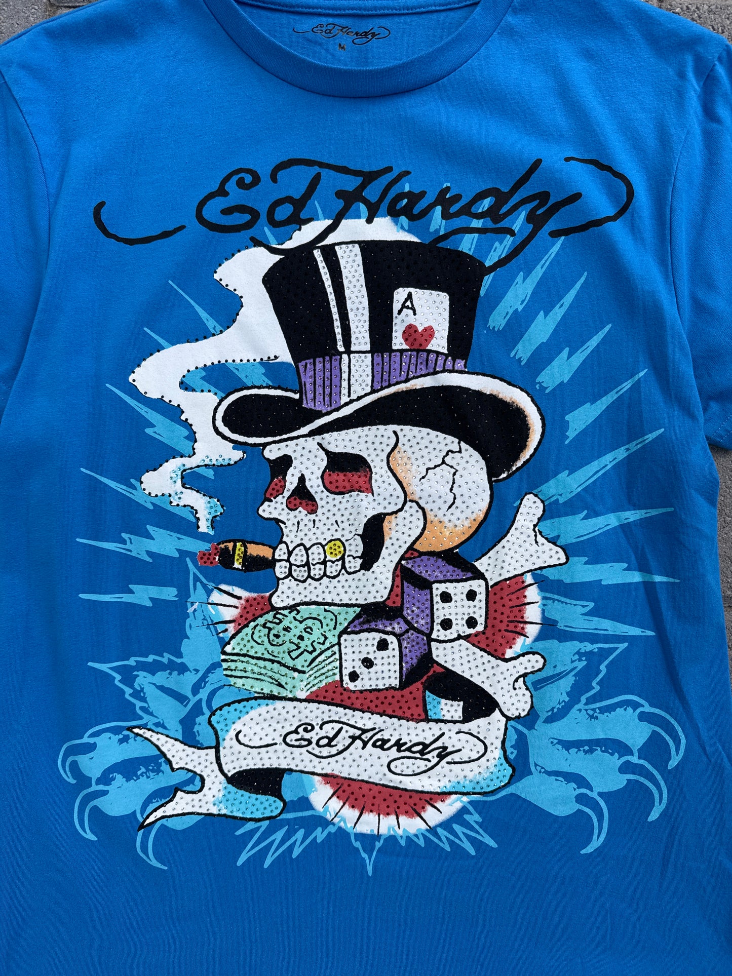 (M) Blue Y2K Bedazzled Ed Hardy Tee