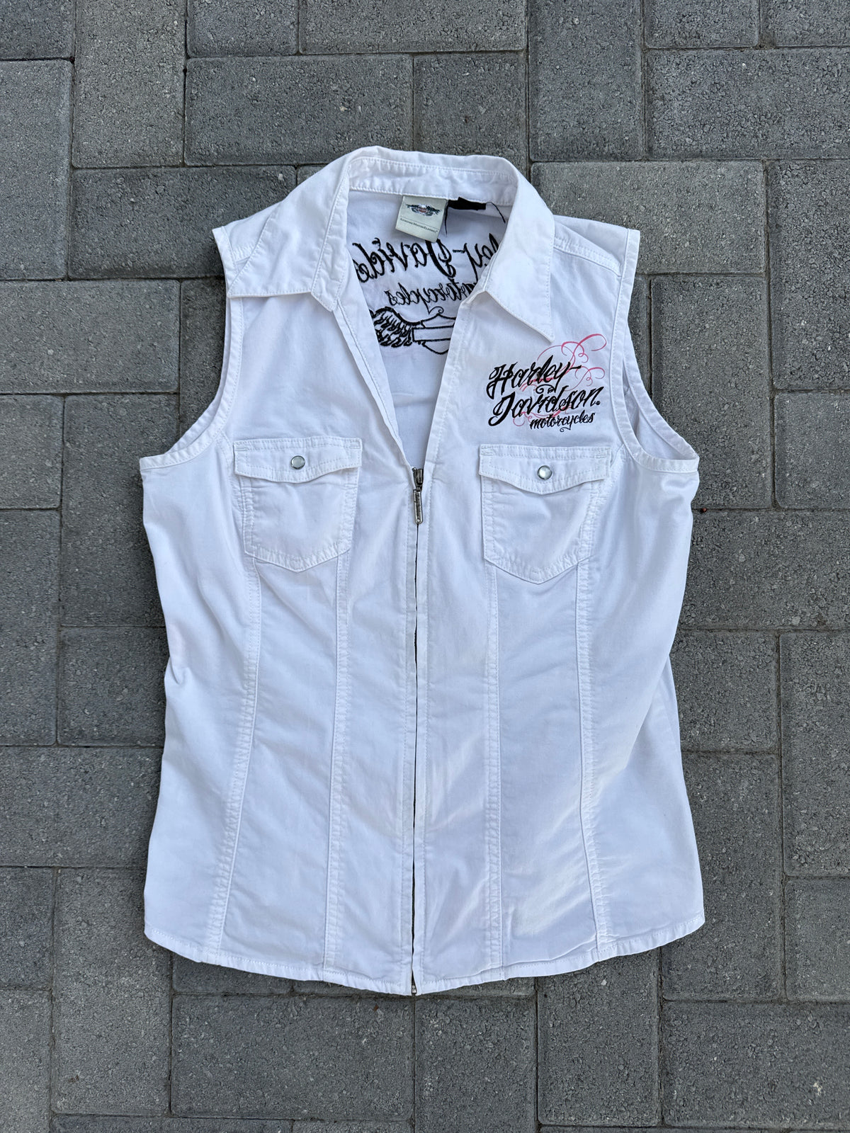 (L) White Women Harley Davidson Zip-Up Tank Top
