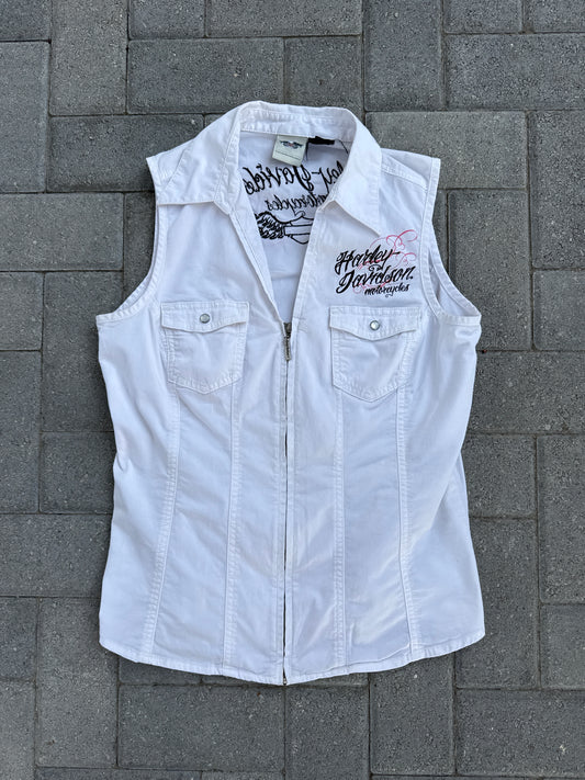 (L) White Women Harley Davidson Zip-Up Tank Top