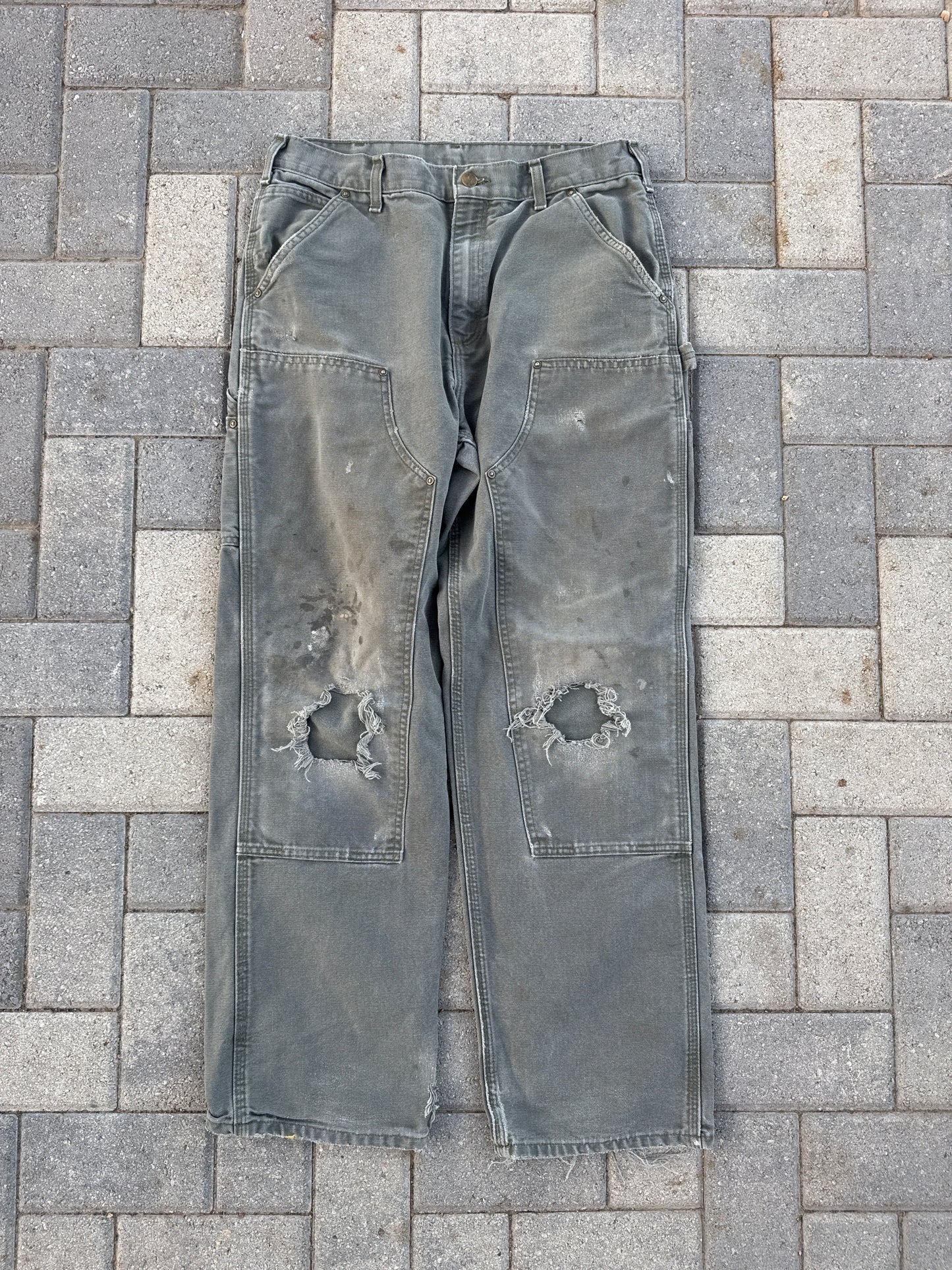 (33x32) Carhartt B136 Double-Knee Distressed Green Pants
