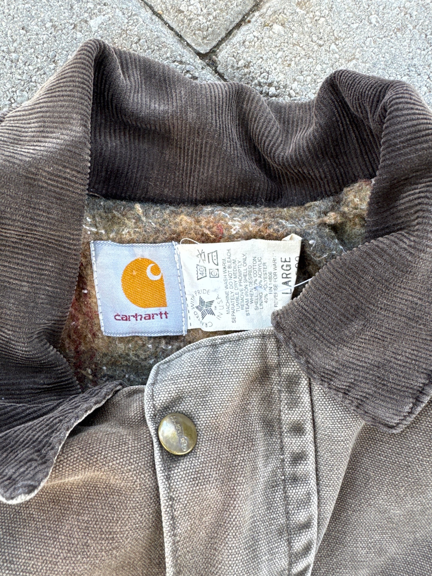 (L) Vintage Sun Faded Carhartt Canvas Flannel Lined Chore Brown Jacket