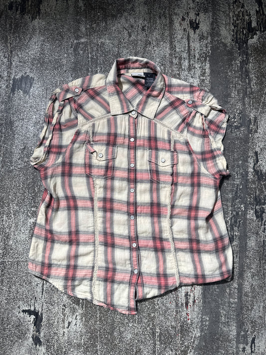 (L) Harley Davidson Pearl Plaid Button up Tee
