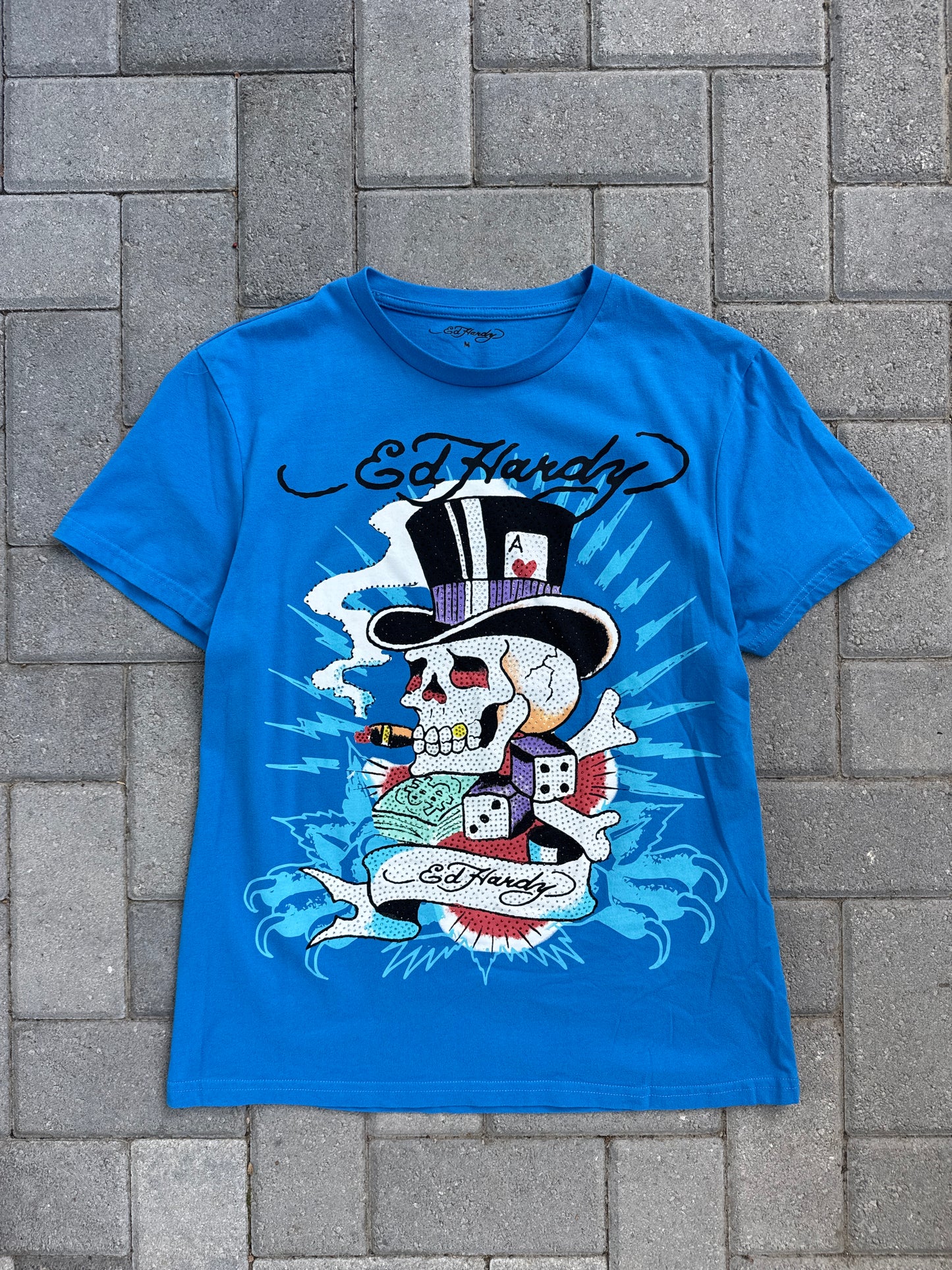 (M) Blue Y2K Bedazzled Ed Hardy Tee