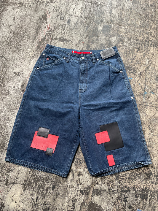 (38) Y2K Dark Wash Red Embroidered Baggy Jorts